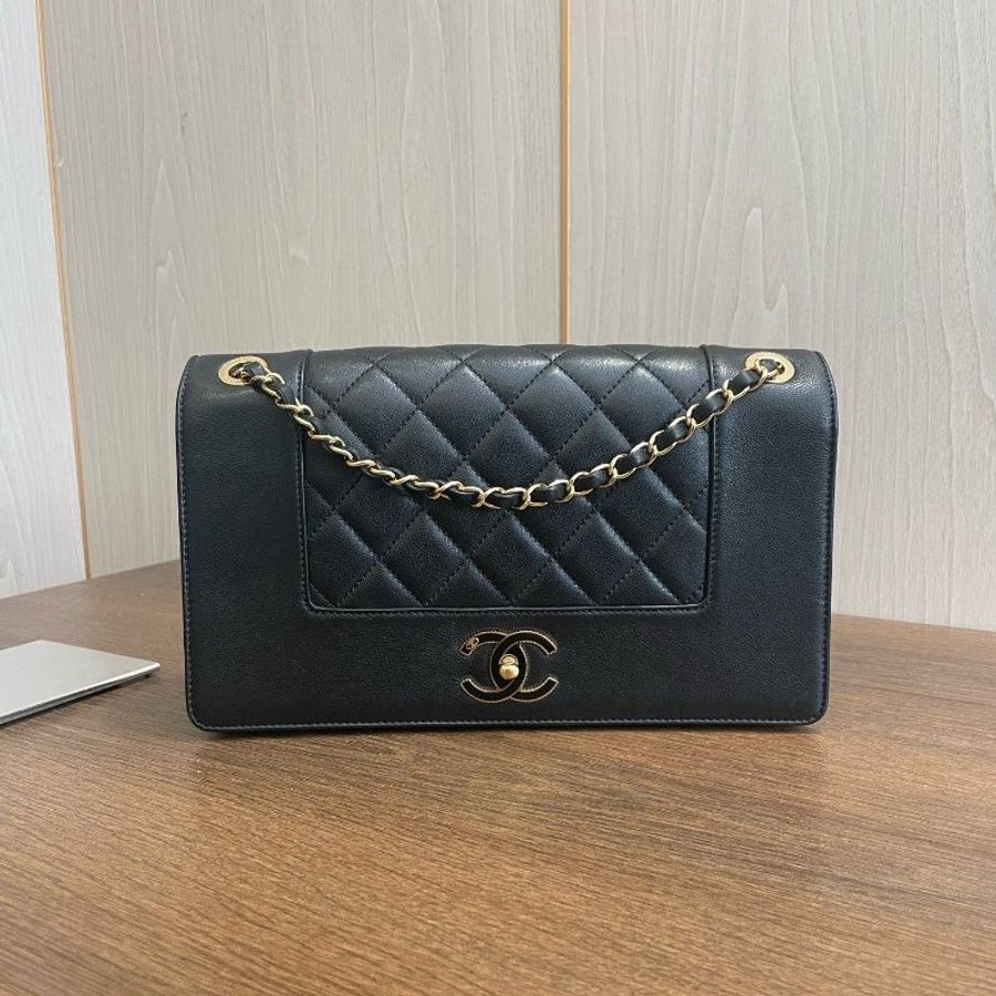 香奈兒/Chanel 黑金牛皮大號 琺瑯扣雙C雙蓋口蓋包-0