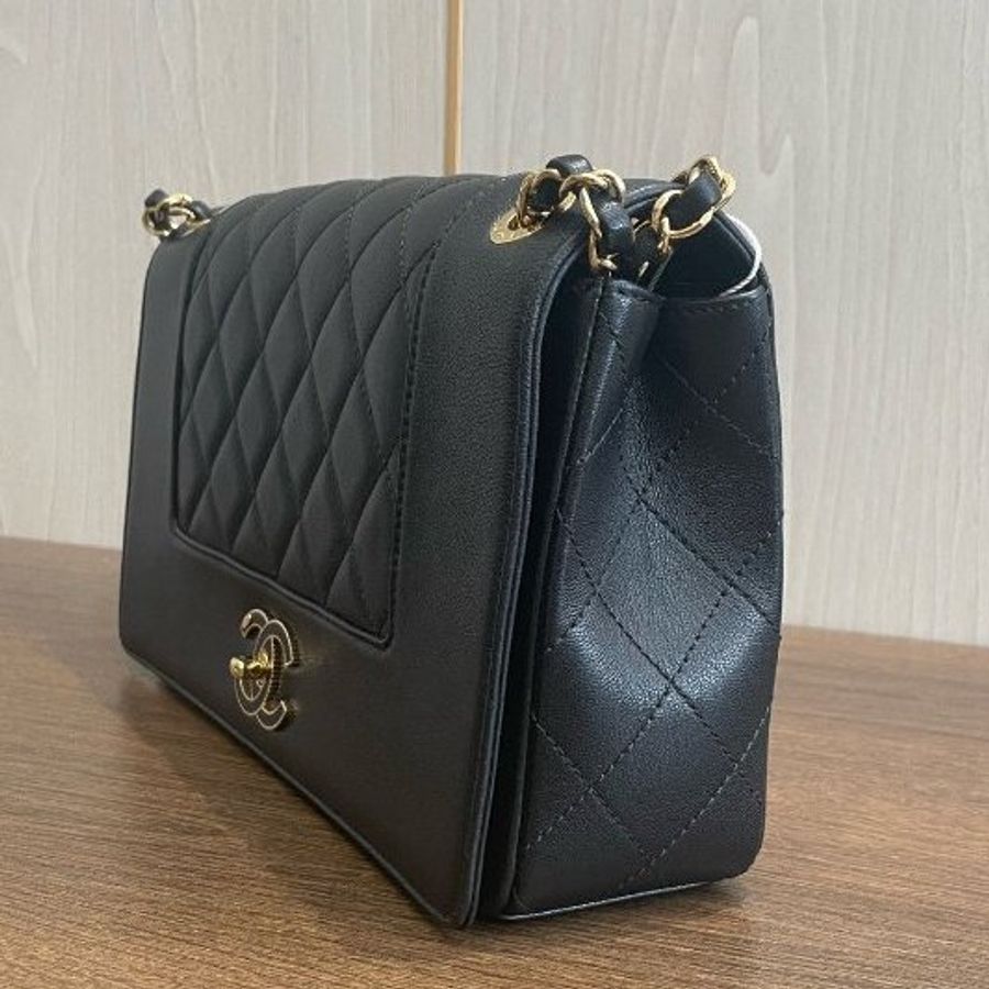 香奈兒/Chanel 黑金牛皮大號 琺瑯扣雙C雙蓋口蓋包-2