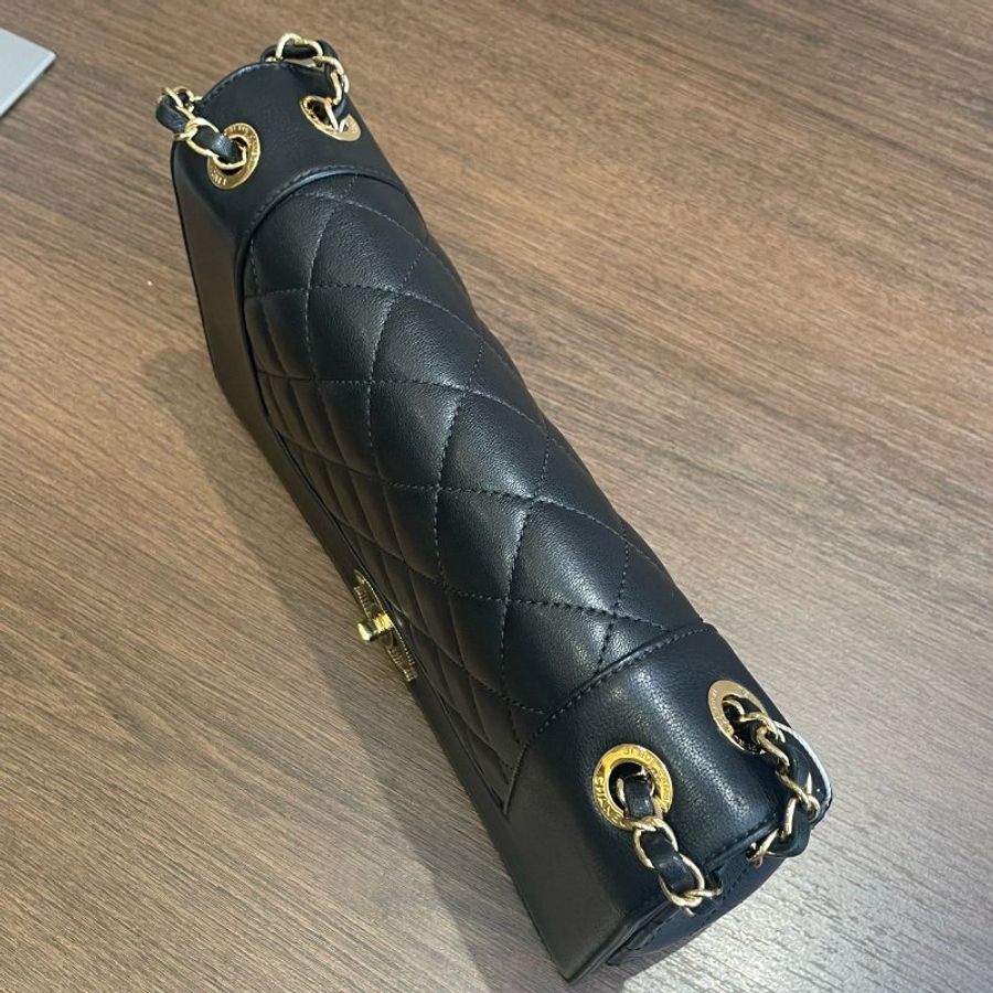 香奈兒/Chanel 黑金牛皮大號 琺瑯扣雙C雙蓋口蓋包-4