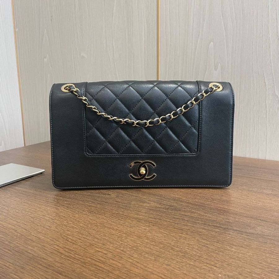 香奈兒/Chanel 黑金牛皮大號 琺瑯扣雙C雙蓋口蓋包-6