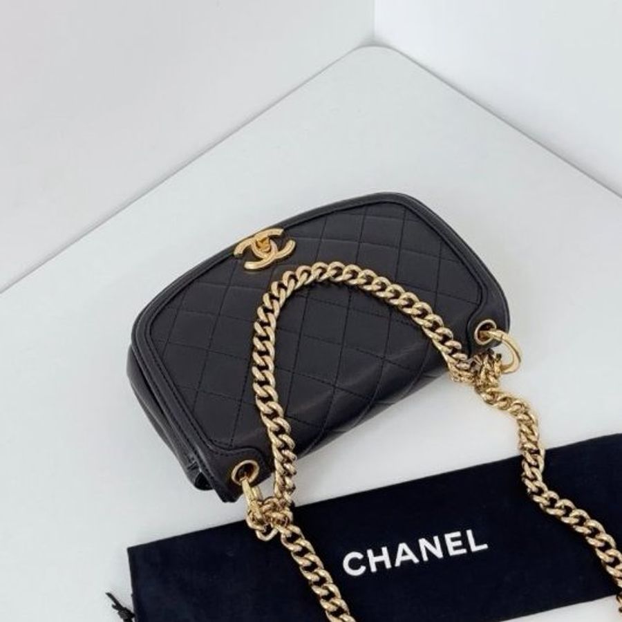 香奈兒/Chanel 黑金半月鏈條馬鞍包 牛皮菱格雙環 CF旋扣-4