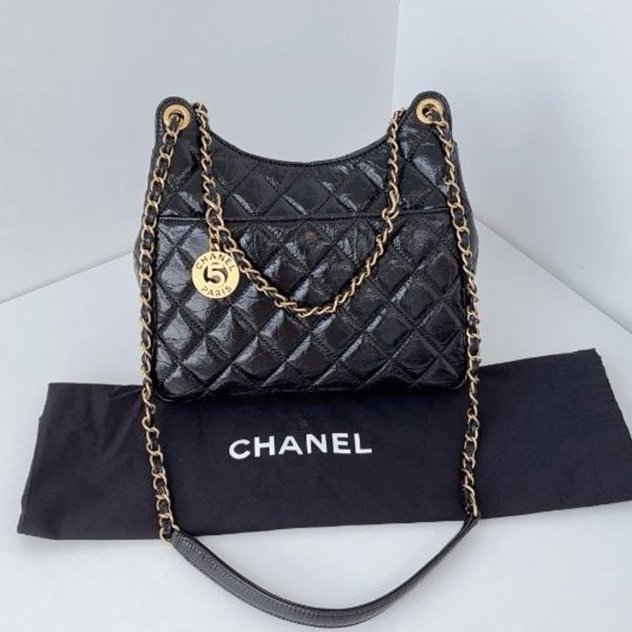 芯片款 香奈兒/Chanel 黑金Hobo油蠟皮中號 可調節鏈條肩背斜背包-6