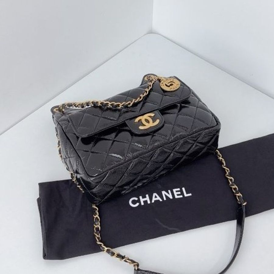 芯片款 香奈兒/Chanel 黑金Hobo油蠟皮中號 可調節鏈條肩背斜背包-7