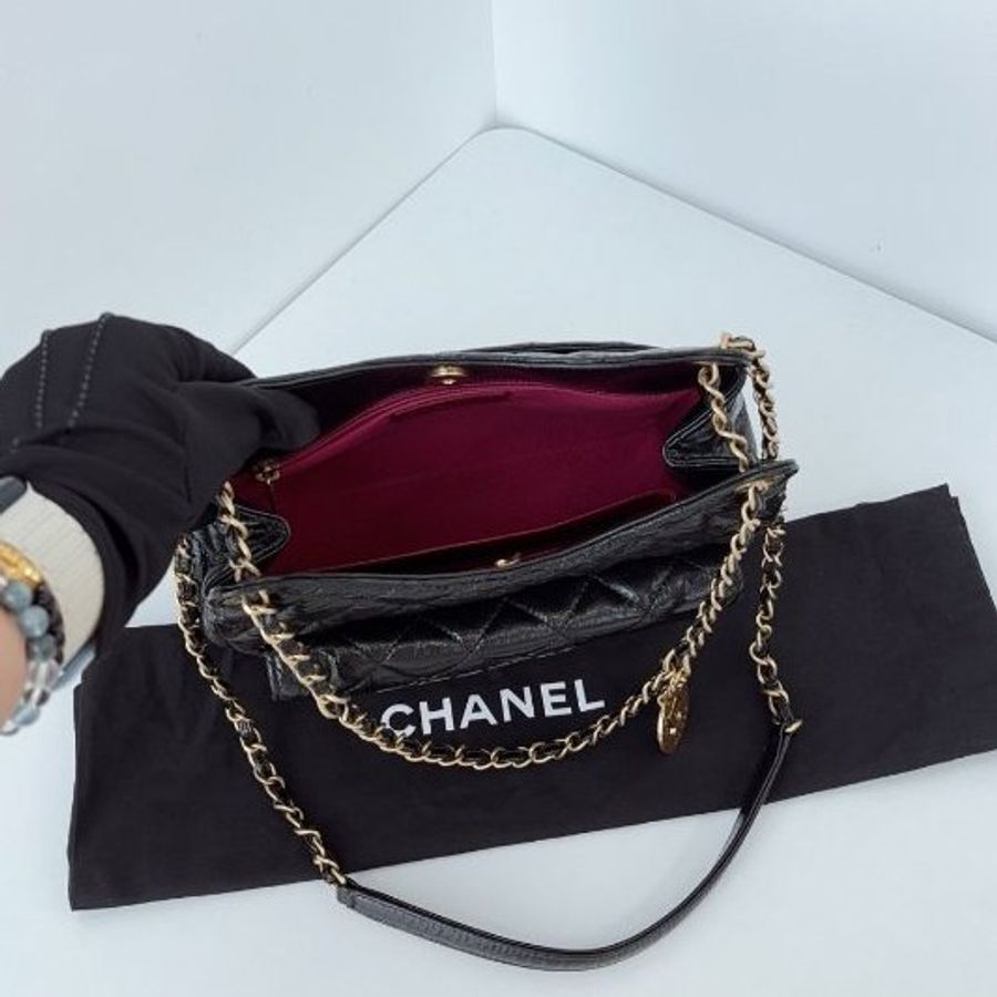 芯片款 香奈兒/Chanel 黑金Hobo油蠟皮中號 可調節鏈條肩背斜背包-8