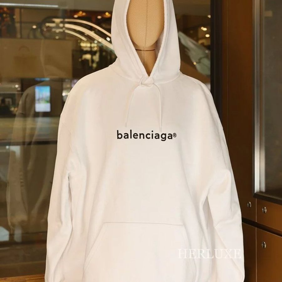 巴黎世家BALENCIAGA 白色厚磅Logo落肩帽T-10