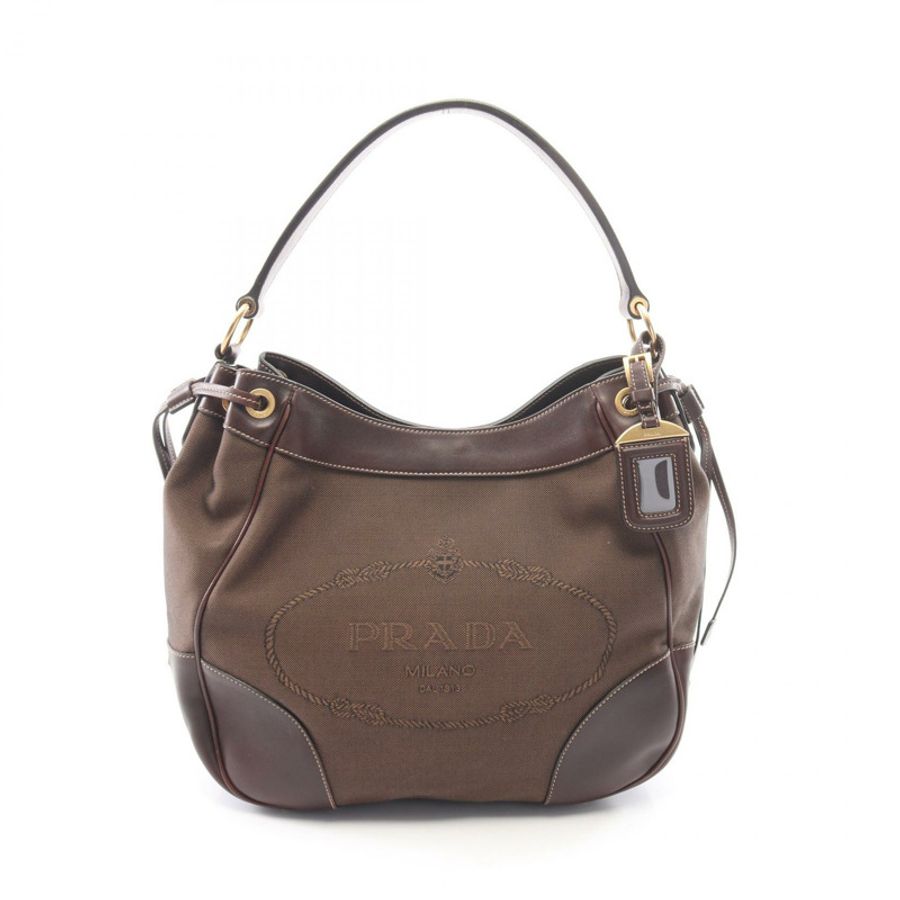PRADA Logo Jacquard 單肩包 帆布皮革 棕色 二手 女士-0