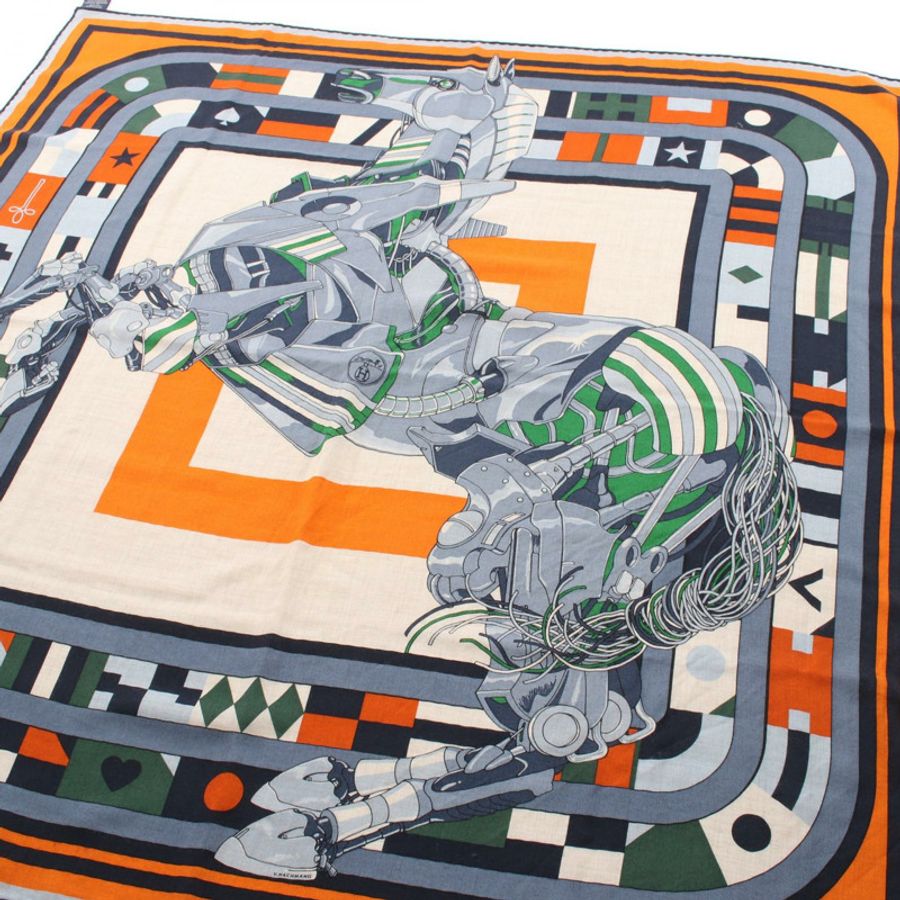 愛馬仕 Carre100 ROBOCABAR 絲巾,真絲羊絨材質,藍橙多色,二手女款-1