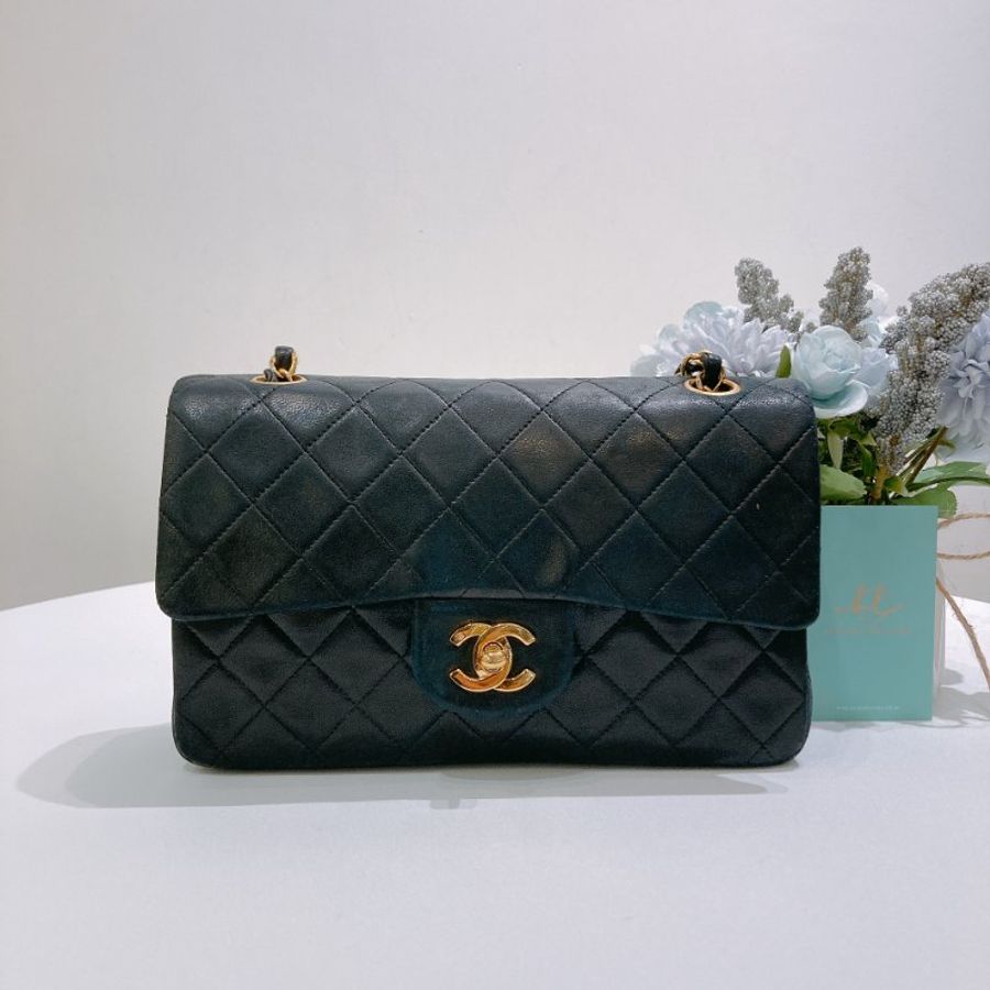 TW4902 Chanel 香奈兒中古小號經典雙翻蓋式鍊帶包包 Vintage Classic Double Flap Bag 23cm Lambskin Black x GHW-0