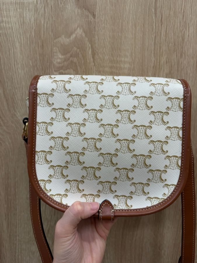Celine 米白PVC咖牛皮中號Folco馬鞍斜背包-7