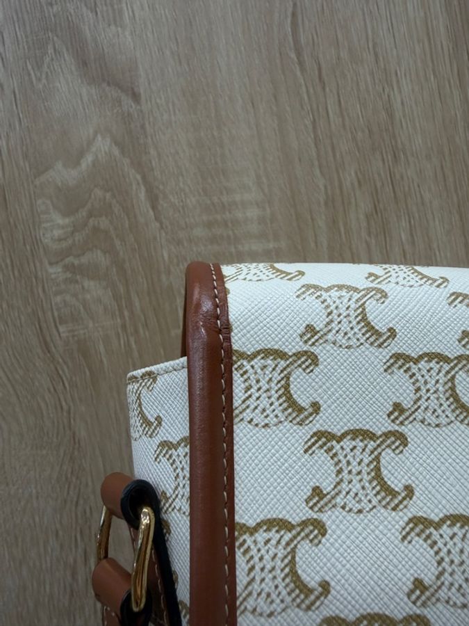 Celine 米白PVC咖牛皮中號Folco馬鞍斜背包-8