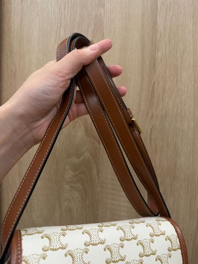Celine 米白PVC咖牛皮中號Folco馬鞍斜背包-15