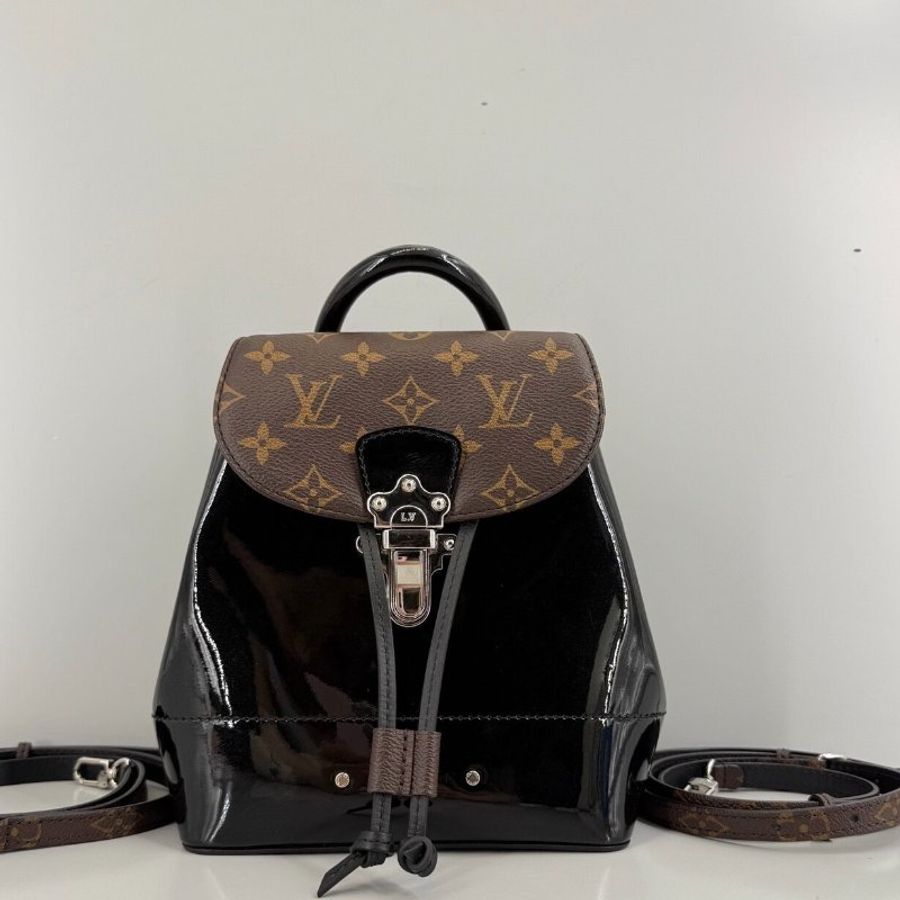 LV HotSpring黑色漆皮老花後背包18×21×12 98新配件塵袋-2