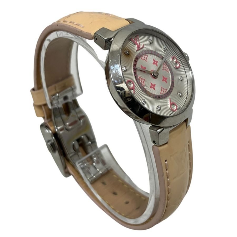 路易威登 Tambour Monogram PM 腕錶,漆面,總重 36.3 克,不鏽鋼錶殼,真皮錶帶,石英機芯,白色錶盤,型號 Q12MG-2