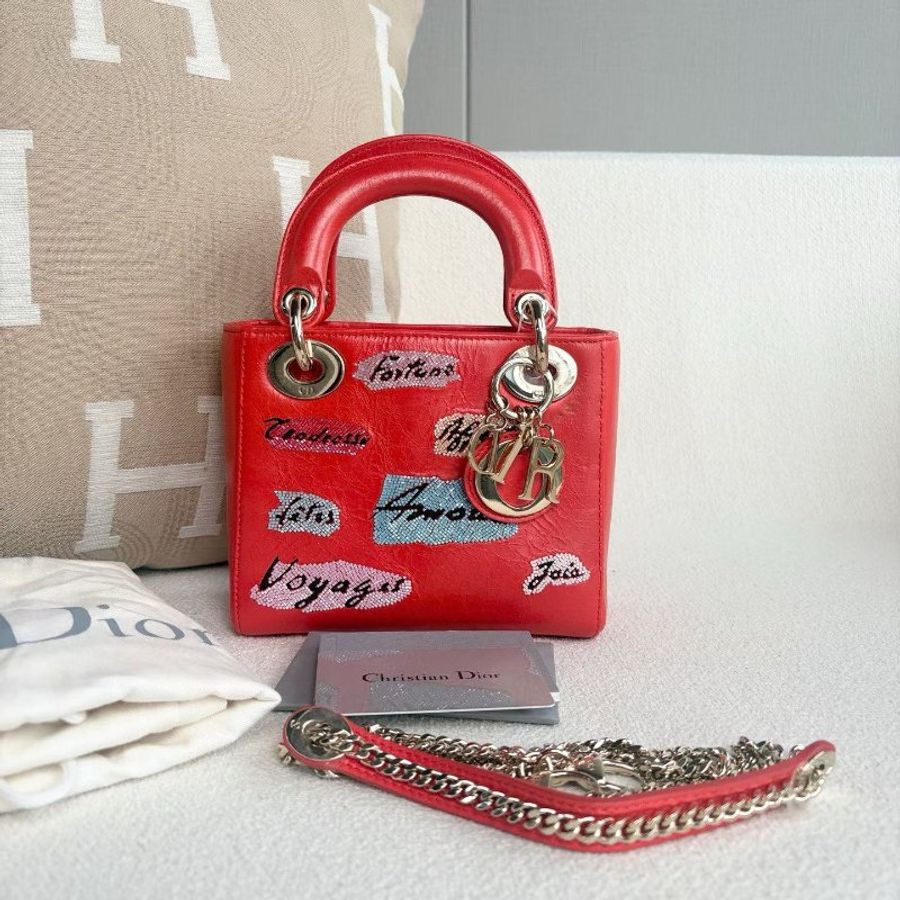 Dior 串珠刺繡三格黛妃 紅色金扣 牛皮 17*14*6 98新配件塵袋 保卡 肩帶-2