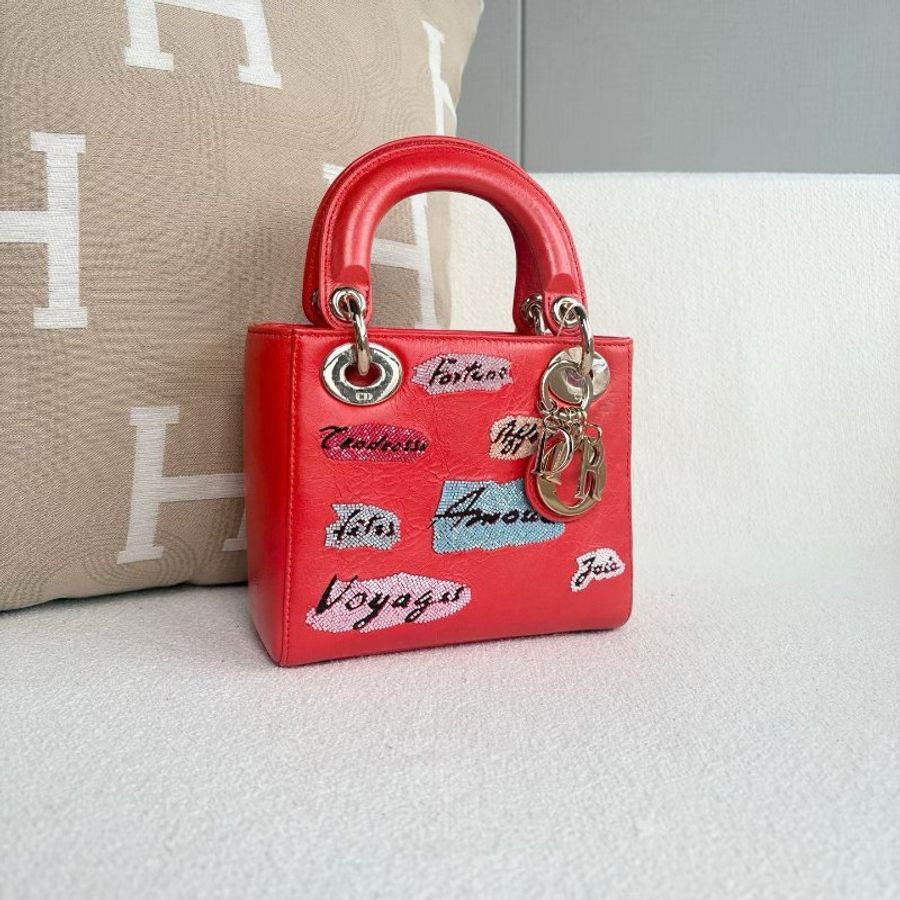 Dior 串珠刺繡三格黛妃 紅色金扣 牛皮 17*14*6 98新配件塵袋 保卡 肩帶-3