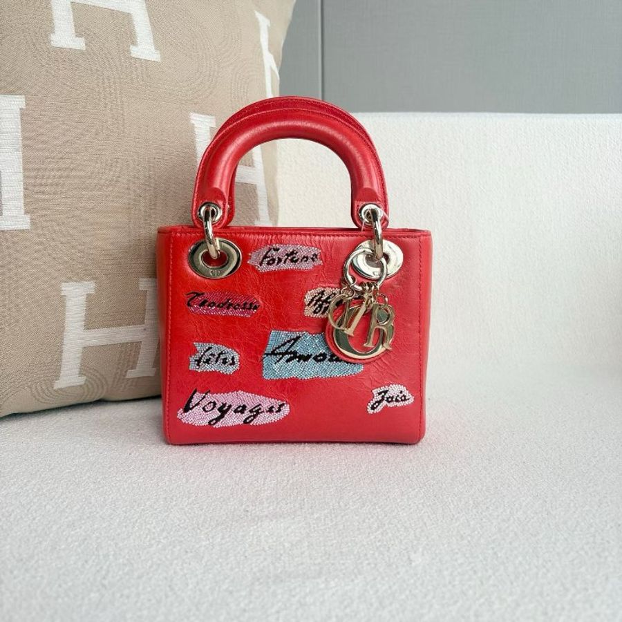 Dior 串珠刺繡三格黛妃 紅色金扣 牛皮 17*14*6 98新配件塵袋 保卡 肩帶-4