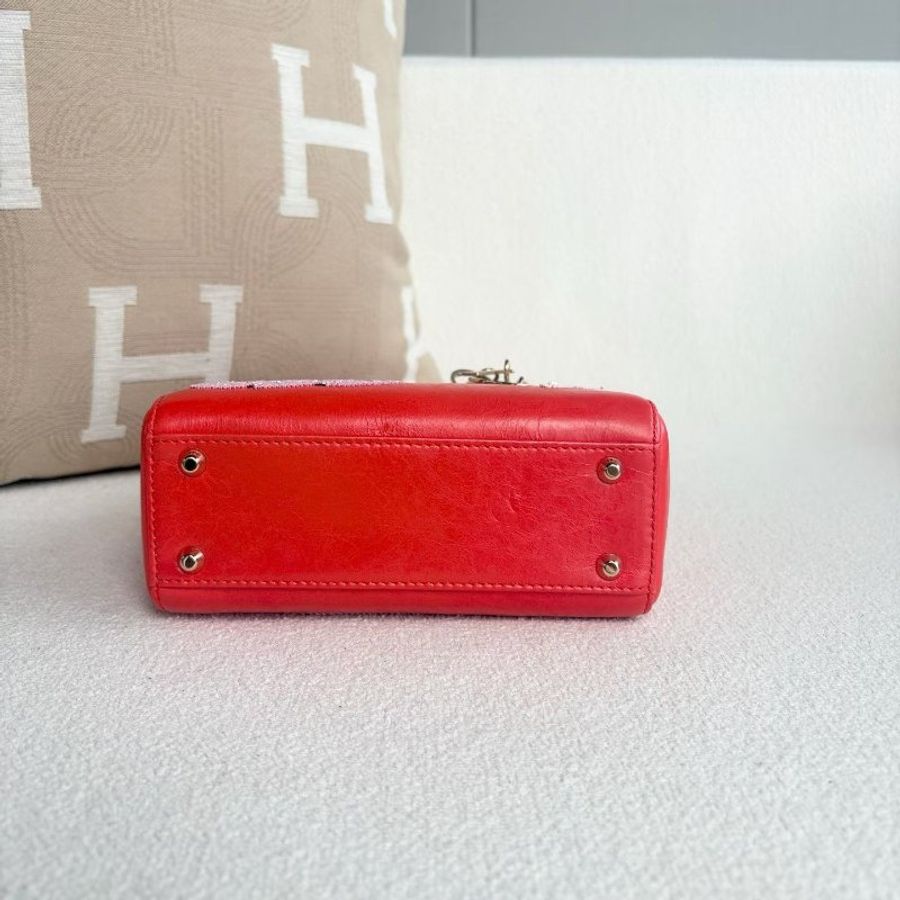 Dior 串珠刺繡三格黛妃 紅色金扣 牛皮 17*14*6 98新配件塵袋 保卡 肩帶-6