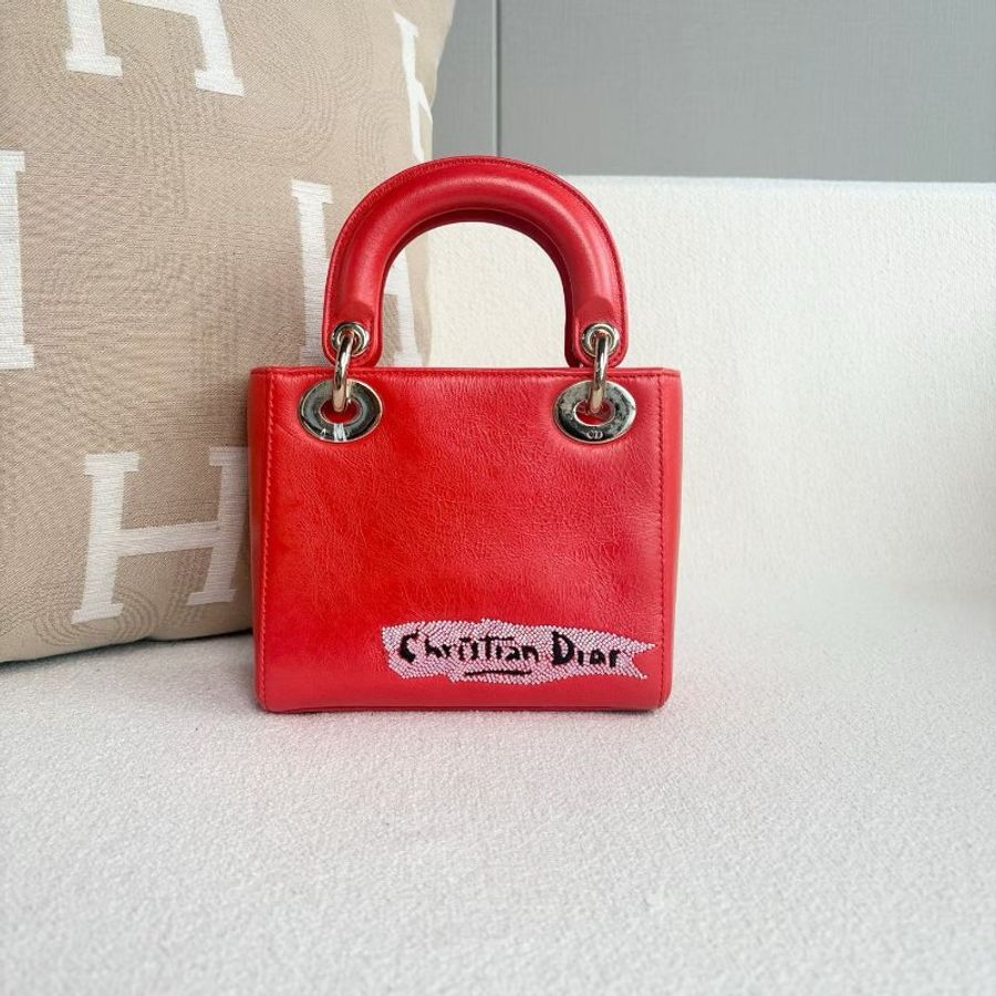 Dior 串珠刺繡三格黛妃 紅色金扣 牛皮 17*14*6 98新配件塵袋 保卡 肩帶-7