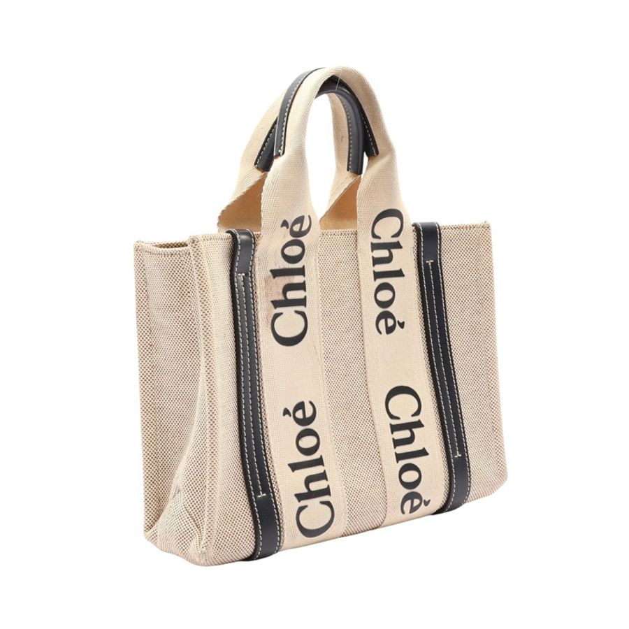米色帆布 黑色牛皮 Woody Small 手提包【Chloe 克羅伊】 CHC22AS397I26-1
