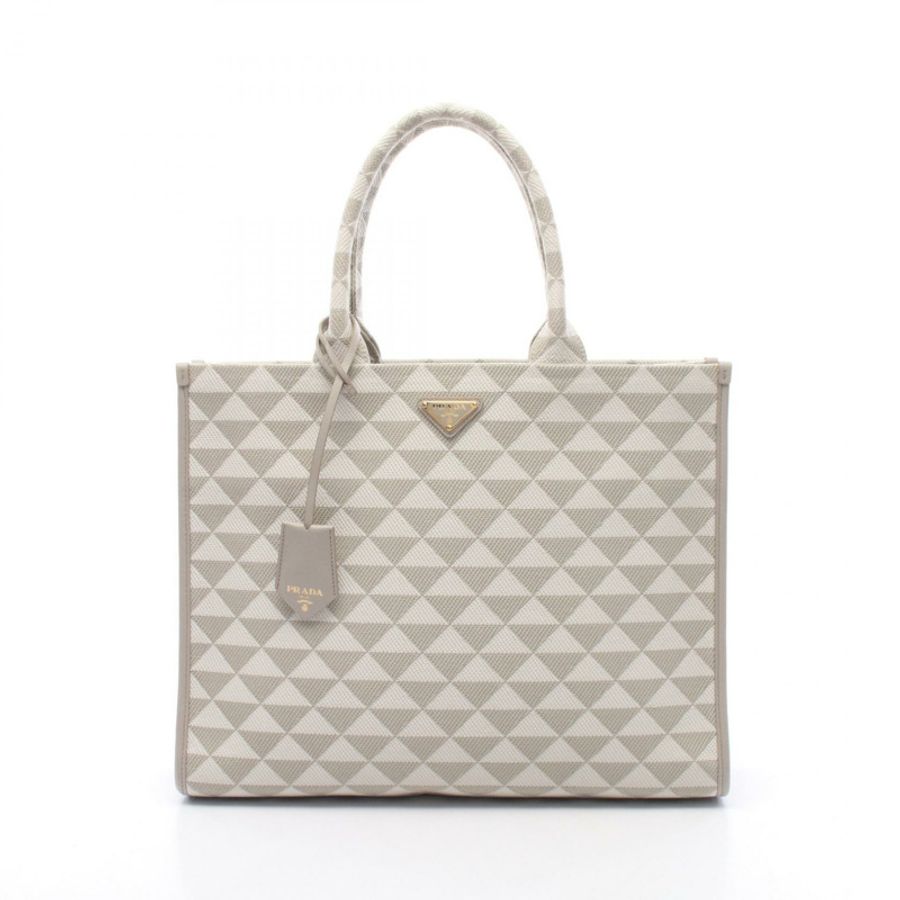PRADA TRIANGOLO 提花符號刺繡手提包 1BA356 帆布 灰白色-0
