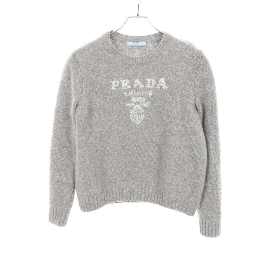 PRADA 標誌圓領針織衫 P24B2Q 羊絨羊毛 灰色 #38 二手 女款-0