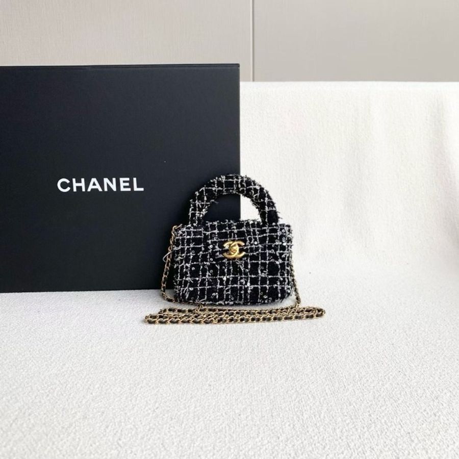 Chanel 黑金Kelly mini鏈條包 粗花呢 12*10*8 9新 配件塵袋-2