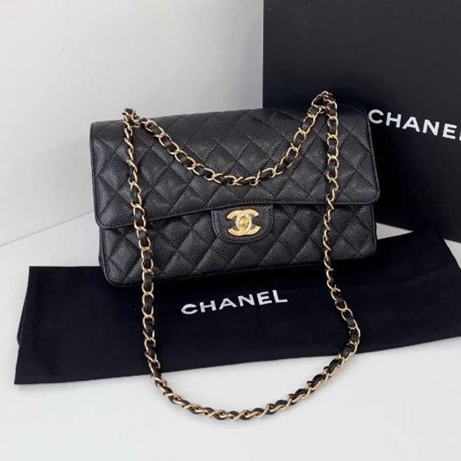 閒置新 香奈兒/Chanel CF黑金魚子醬中號 雙蓋紅內裡鏈條包-0