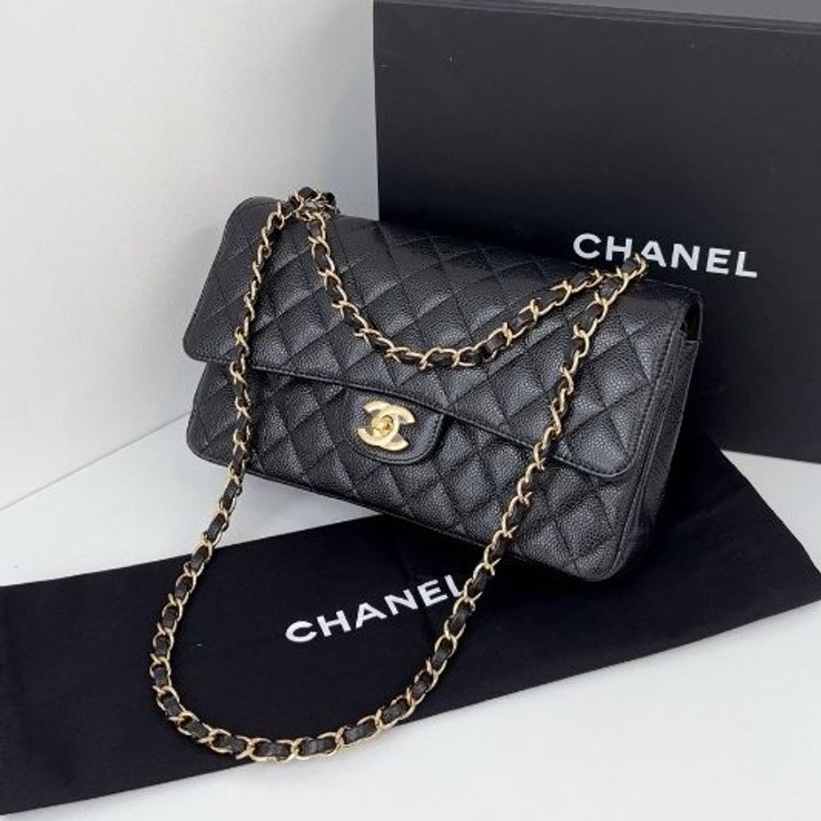 閒置新 香奈兒/Chanel CF黑金魚子醬中號 雙蓋紅內裡鏈條包-3