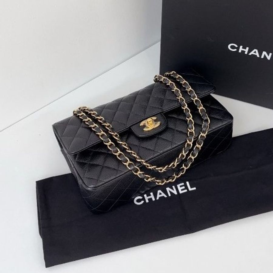閒置新 香奈兒/Chanel CF黑金魚子醬中號 雙蓋紅內裡鏈條包-7
