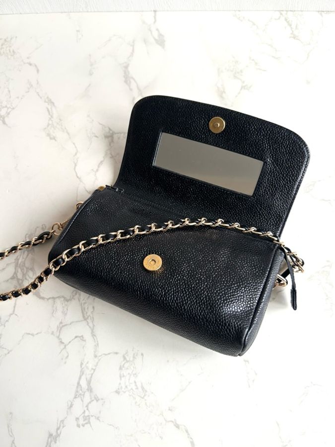 Chanel連鏡子黑金魚子醬皮革包 中古包 側背包 斜背包 二手古董包-6
