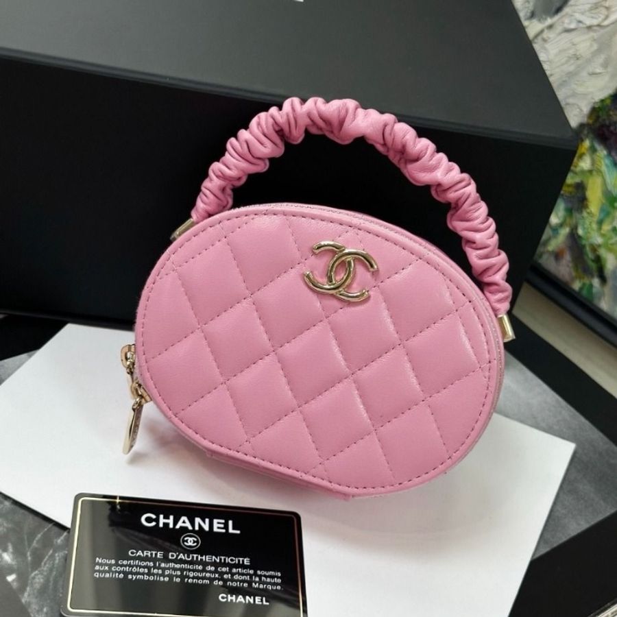 Chanel 22S粉色肥腸手柄化妝包圓餅包 9.5*13*5.5cm 95新 配件塵袋保卡-2