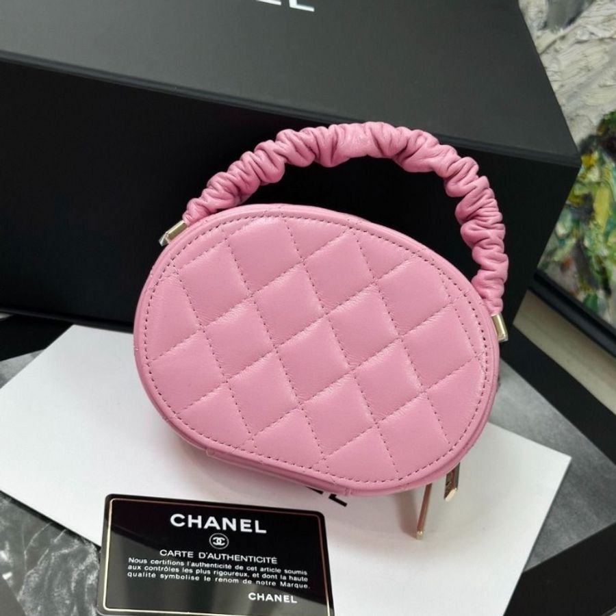 Chanel 22S粉色肥腸手柄化妝包圓餅包 9.5*13*5.5cm 95新 配件塵袋保卡-3