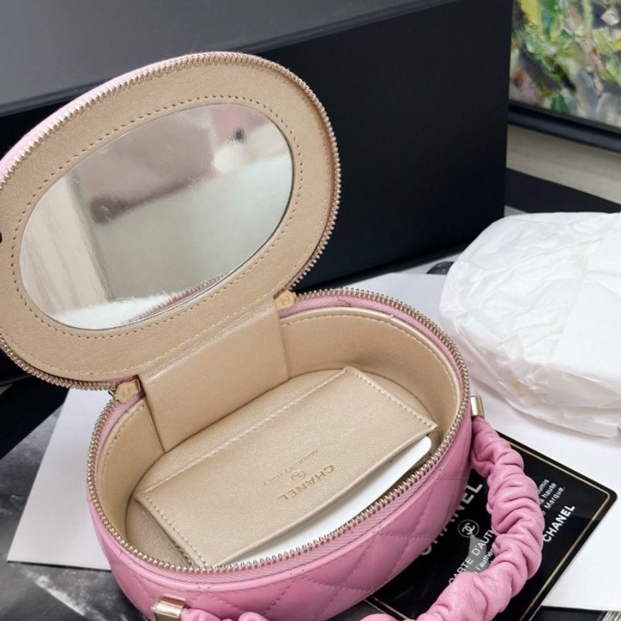 Chanel 22S粉色肥腸手柄化妝包圓餅包 9.5*13*5.5cm 95新 配件塵袋保卡-4