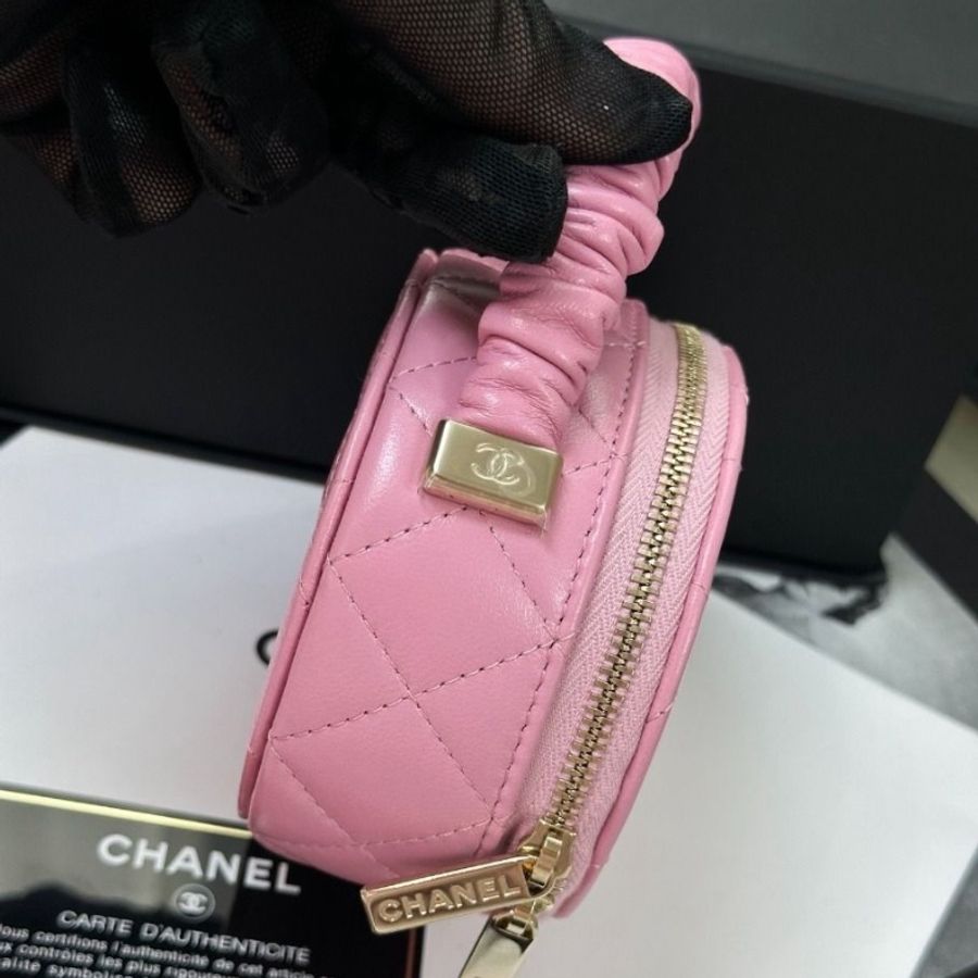 Chanel 22S粉色肥腸手柄化妝包圓餅包 9.5*13*5.5cm 95新 配件塵袋保卡-5