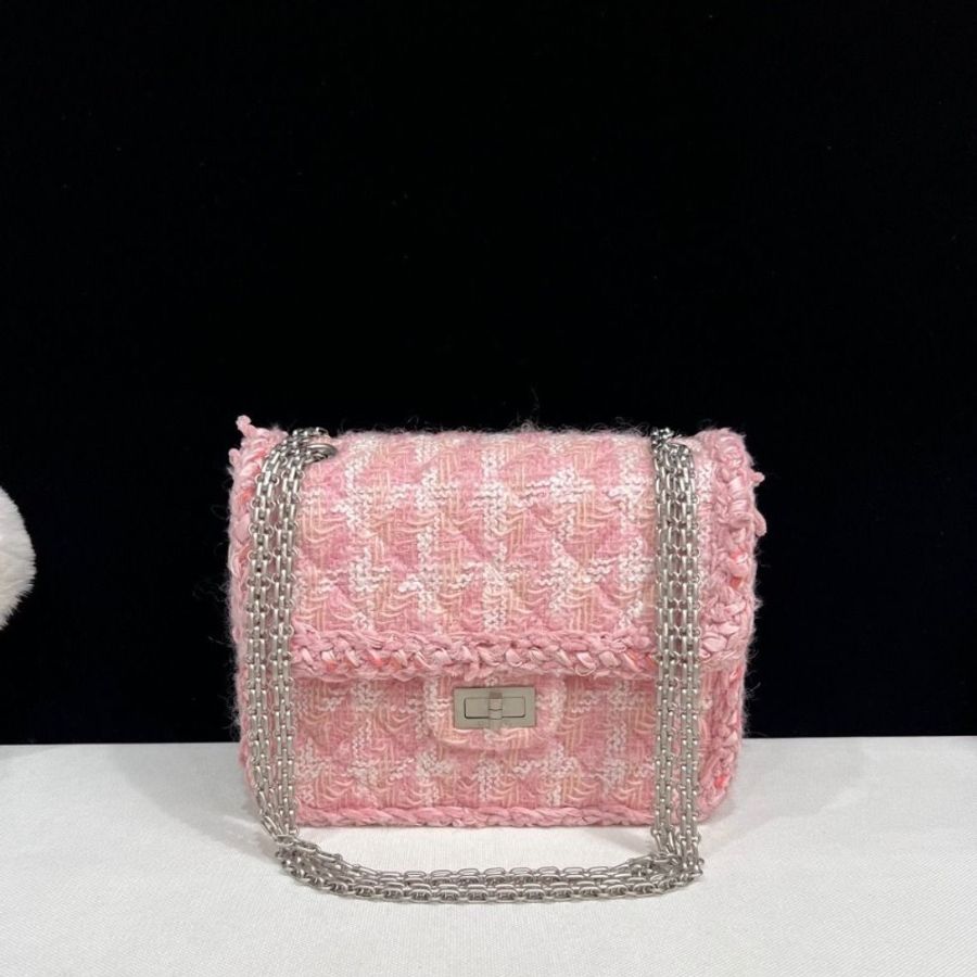 CHANEL 粉色千鳥格2.55肩背斜背包 23.5*19.5 95新 配件塵袋-2