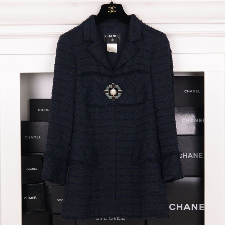 Chanel 07年深蓝色船舵琉璃扣长款大衣外套-0