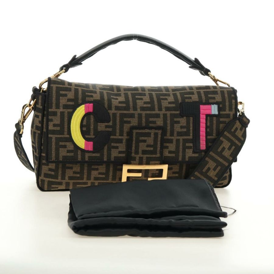 【日本直送】FENDI Zucca帆布Mamma Baguette單肩包,兩用款,黑色/棕色,正品,貨號185598SM-11