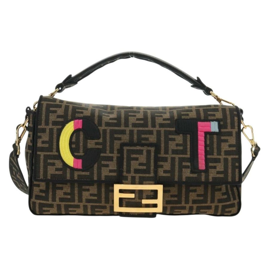 【日本直送】FENDI Zucca帆布Mamma Baguette單肩包,兩用款,黑色/棕色,正品,貨號185598SM-12