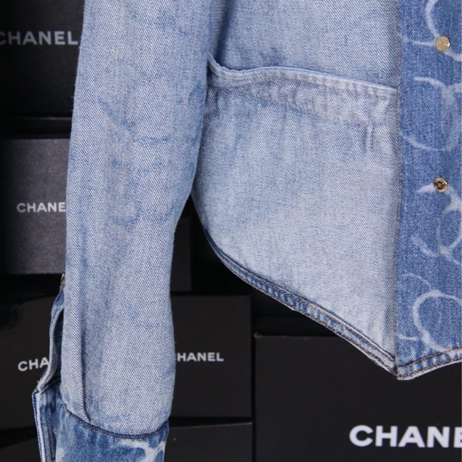 Chanel 23B蓝色牛仔丹宁满印双排扣夹克上衣外套-36
