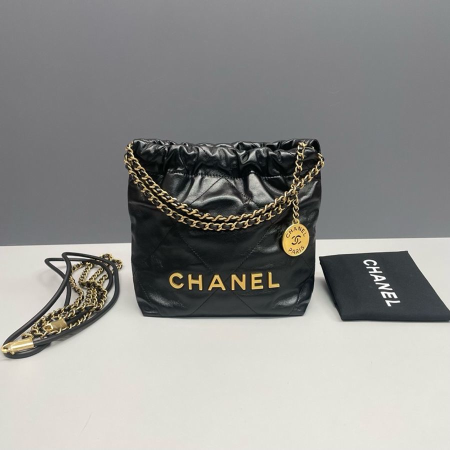 Chanel香奈兒 黑金Mini 22bag垃圾袋 單肩包手提包 芯片款,-0