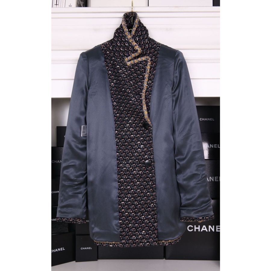 Chanel 11年拜占庭系列蓝黑编织金线滚边双排琉璃扣两口袋大衣外套-7