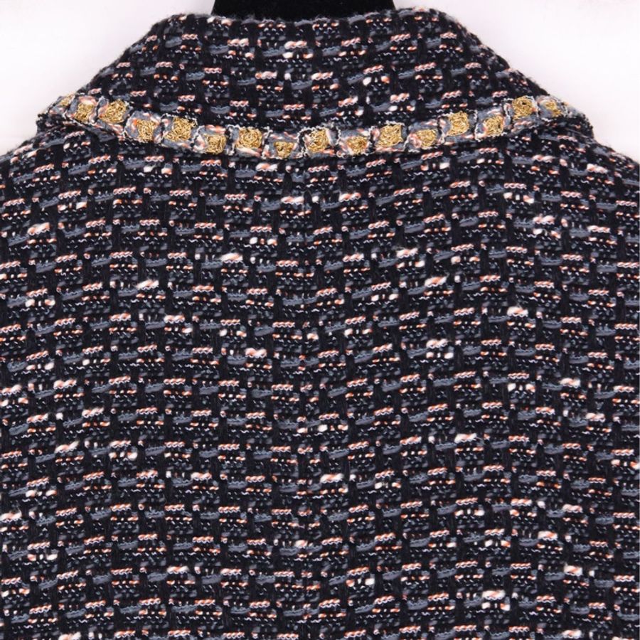 Chanel 11年拜占庭系列蓝黑编织金线滚边双排琉璃扣两口袋大衣外套-13