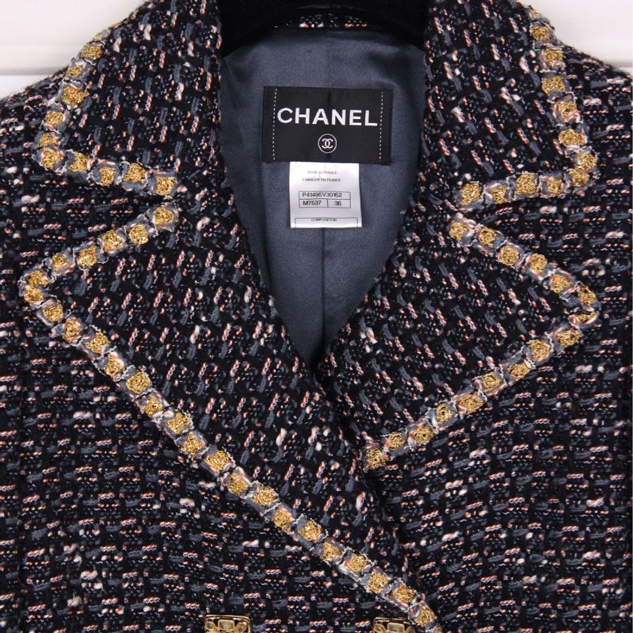 Chanel 11年拜占庭系列蓝黑编织金线滚边双排琉璃扣两口袋大衣外套-14