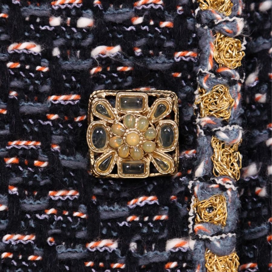 Chanel 11年拜占庭系列蓝黑编织金线滚边双排琉璃扣两口袋大衣外套-23