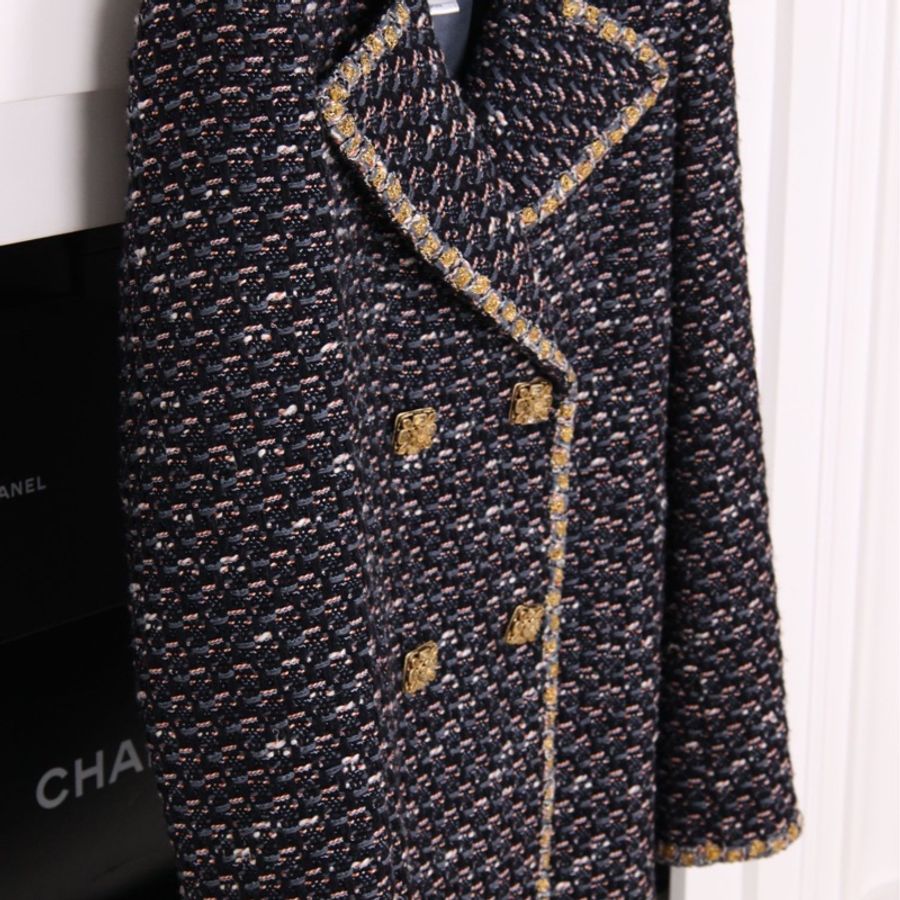 Chanel 11年拜占庭系列蓝黑编织金线滚边双排琉璃扣两口袋大衣外套-34