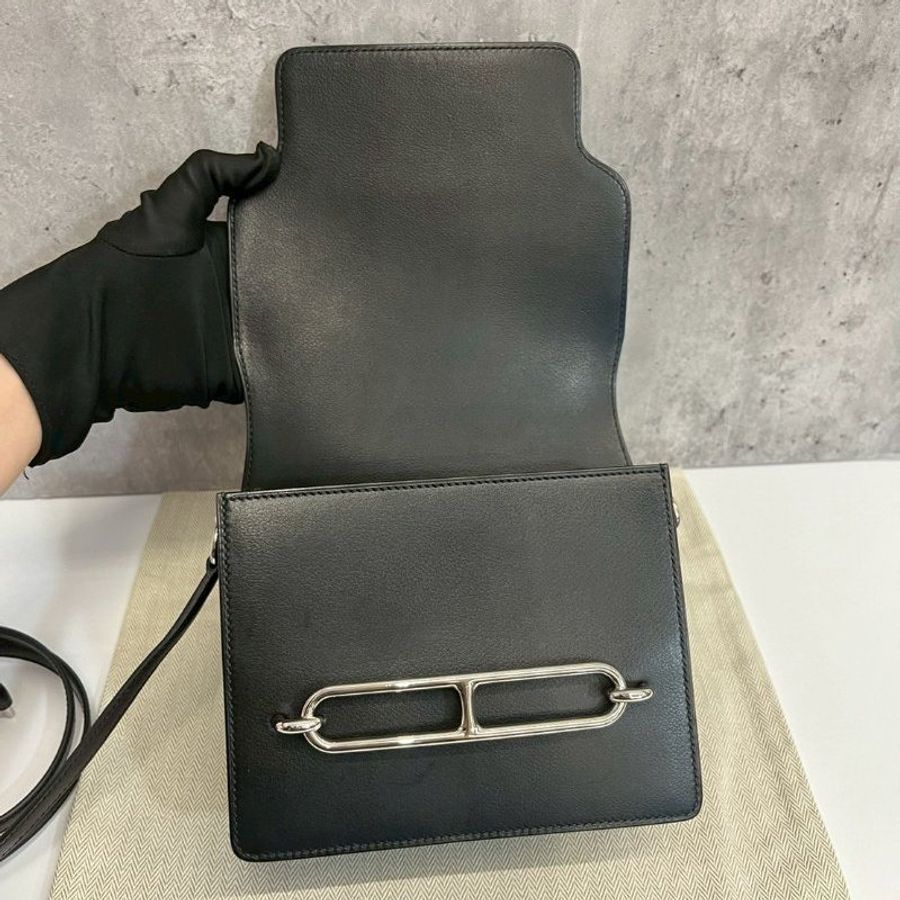 Hermes mini Roulis19 evergrain皮 黑銀 豬鼻子-8