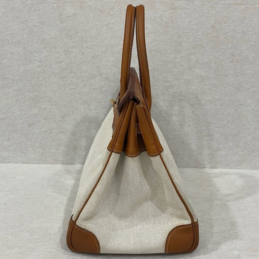 愛馬仕Hermes Birkin35 手提包 馬鞍拼帆布 金扣-3