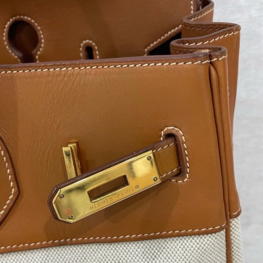 愛馬仕Hermes Birkin35 手提包 馬鞍拼帆布 金扣-6