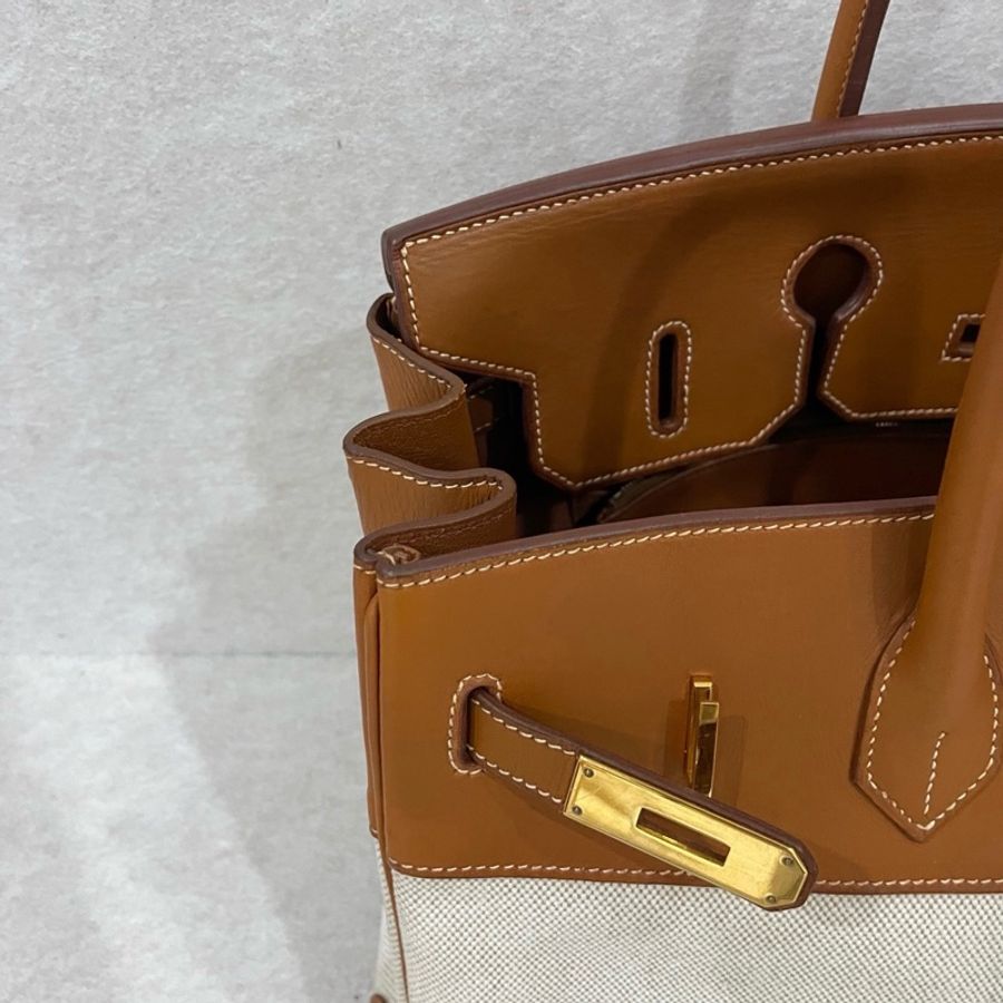 愛馬仕Hermes Birkin35 手提包 馬鞍拼帆布 金扣-8