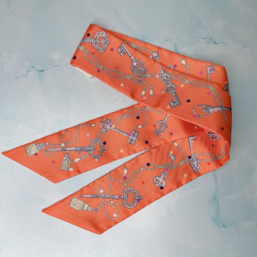 HERMES 全新杏色twilly圓點鑰匙絲巾-3
